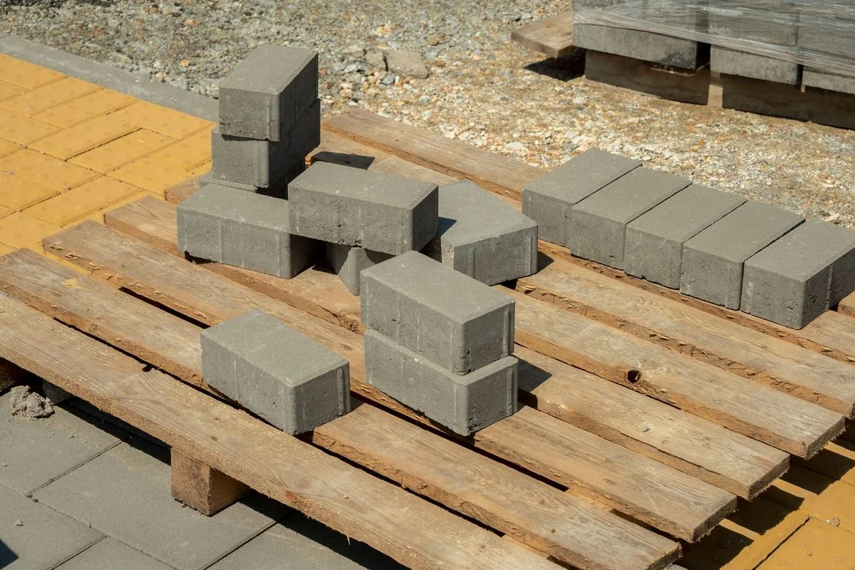 Concrete construction blocks stacked on a wooden pallet